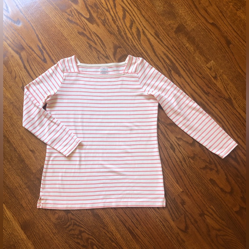 L.L. Bean Coral/White Striped 100% Supima Cotton Tee - Size Small